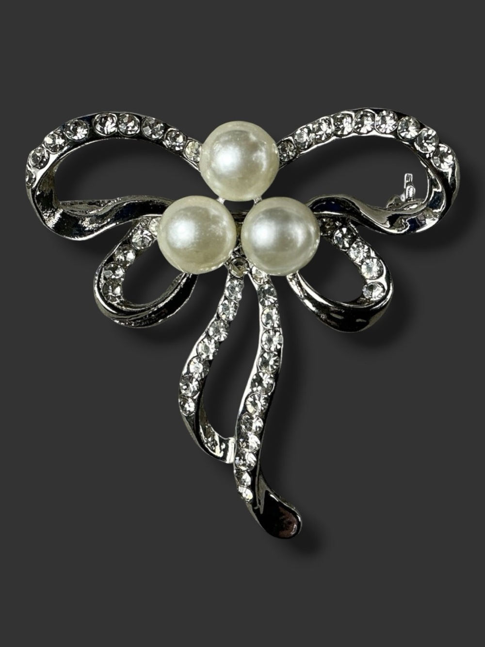 Brooch Silver Pearl Rhinestone Bow Ribbon Pin Glam Statement Cocktail Feminine